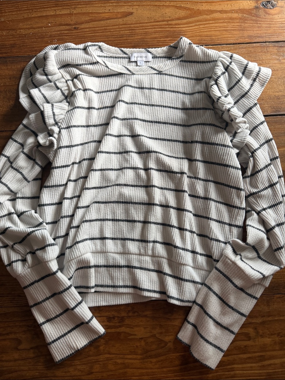 Evereve Cream and Black Striped Ruffle-Sleeve Pullover